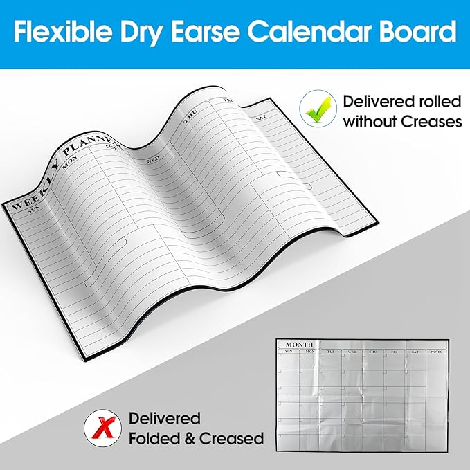 MaxGear 36"x24" Adhesive Dry Erase Calendar Weekly Whiteboard for Wall, Office, Classroom, Home, Drill-Free Installation, 1 Marker Holder, 4 Markers, 1 Eraser, 6 Magnets, Smooth Writing & Erasing