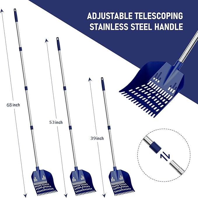 Chicken Poop Scooper & Rake 2-in-1 Chicken Coop Scoop 3-Shape Sifting Holes Chicken Coop Rake 39 to 68" Adjustable Stainless Steel Handle Litter Shovel for Chicken Coops & Small Farm Animals