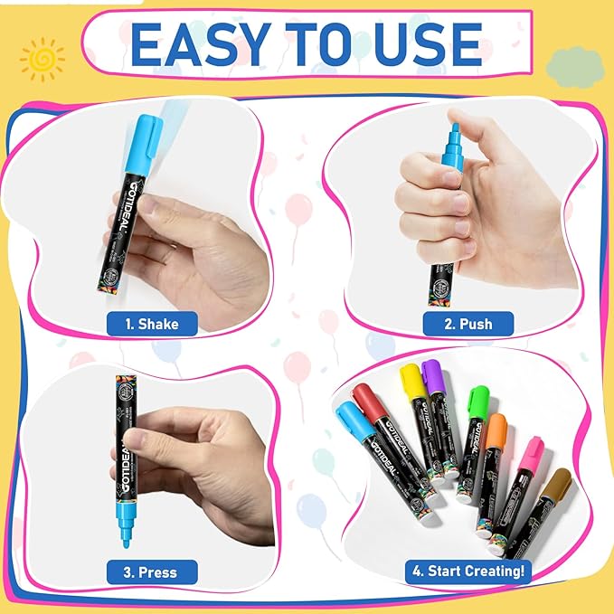 GOTIDEAL Chalk Markers, 12 Colors Liquid Chalk Markers for Blackboard Chalkboard Calendar Glass Neon Pens, Washable Window markers Paint and Drawing for Car, Auto, Bistro,Mirror Wet Erase Chisel Tip