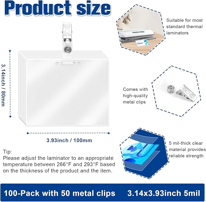 100 Pieces Laminating Pouch with 50PCS Clips Government-Size Card Laminating Pouches Luggage Tags Thermal Laminate Pouch Tags Kit Clear Laminating Pouch for Work Permits Pass Cards Student ID Cards