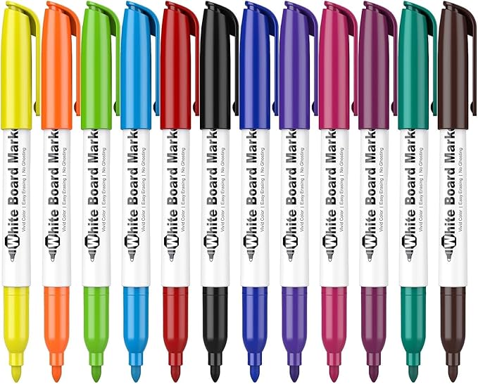 SFAIH Fine Tip Dry Erase Markers - 12 Pack Colored Whiteboard Erasable Markers Bulk for Kids Adults, Ideal for Classroom School Office Home Use on White Board, Non-Toxic Easy Clean