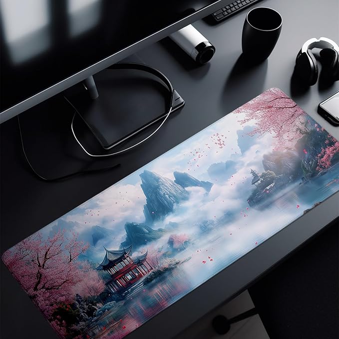 Cherry Blossom Watercolor Mouse Pad Abstract Big Mouse Pad 31.5x11.8 Inch Landscape Texture Non-Slip Rubber Base Large Mousepad Stitched Edges Keyboard Mouse Mat Desk Pad for Office and Home