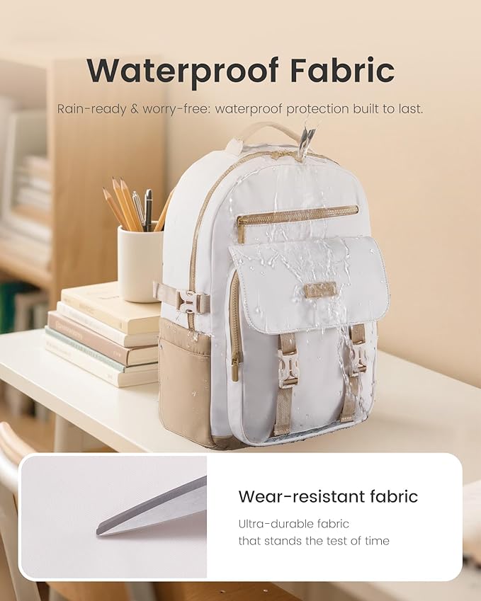 LOVEVOOK School Backpack for Teen Girls,Casual School Backpack 14-18 Teenage 15.6 Inch Laptop Bookbag, Cute Big Student Laptop Backpack for College Women Middle High School Daypack,Khaki Beige
