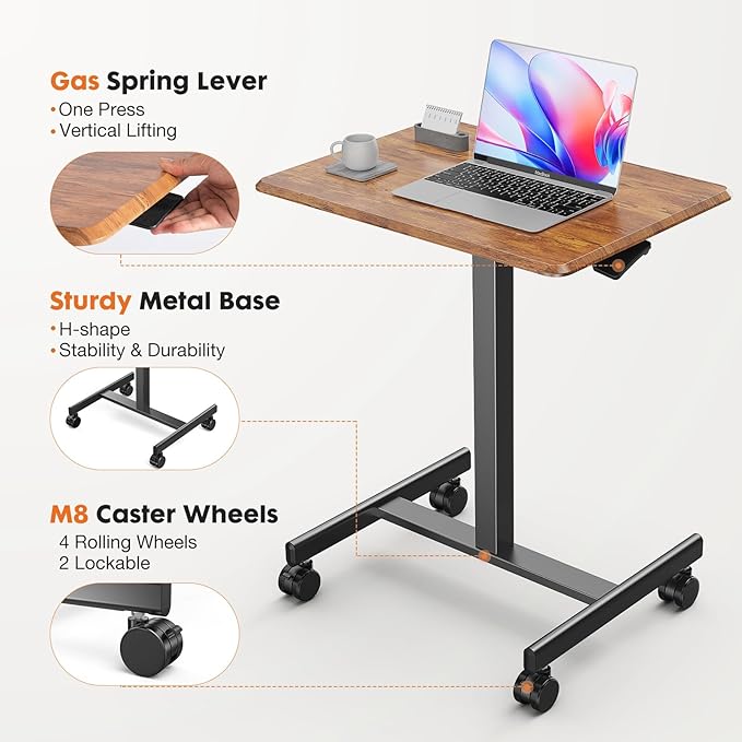 Sweetcrispy Mobile Small Standing Desk - Sit Stand Portable Rolling Laptop Desk with Lockable Wheels, Adjustable Height Computer Workstations, Brown