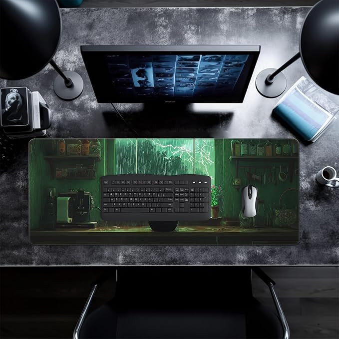Green Black Cat Mouse Pad Abstract Big Mouse Pad 31.5x11.8 Inch Cat Texture Non-Slip Rubber Base Large Mousepad Stitched Edges Keyboard Mouse Mat Desk Pad for Office and Home