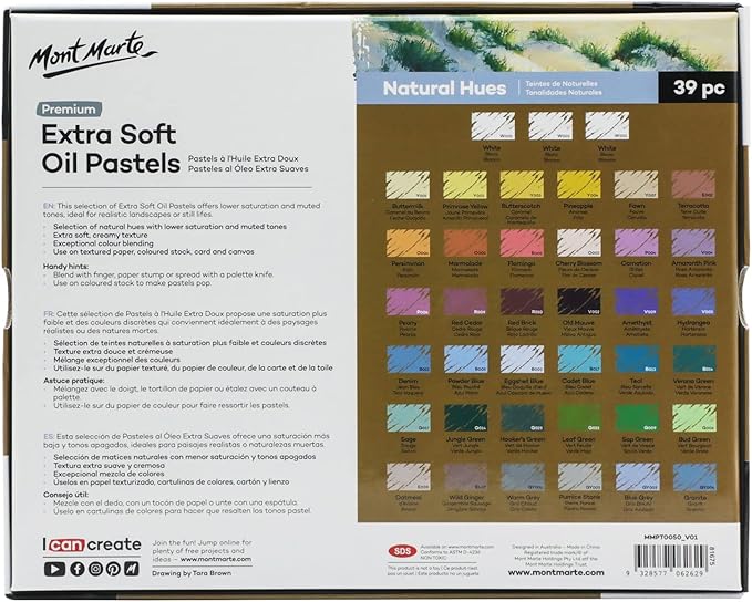 Mont Marte Extra Soft Oil Pastels Natural Hues Premium 39pc, Assorted Natural Oil Pastel Colors, Vibrant, Buttery, Versatile Art Pastels for Blending, layering & Shading, Coloring and Sketching