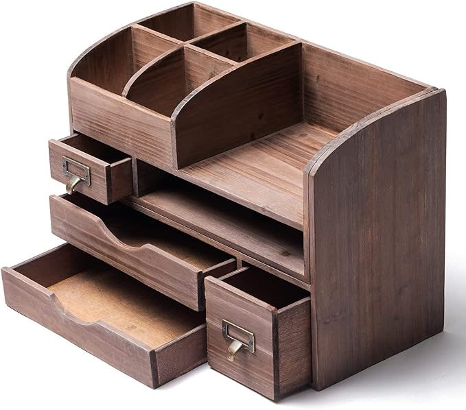Executive Office Solutions Adjustable Wooden Desk Organizer For Desktop, Tabletop, Office or Counter – Wood Storage Shelf Rack For Office Supplies, Desk Accessories, or Mail – Brown
