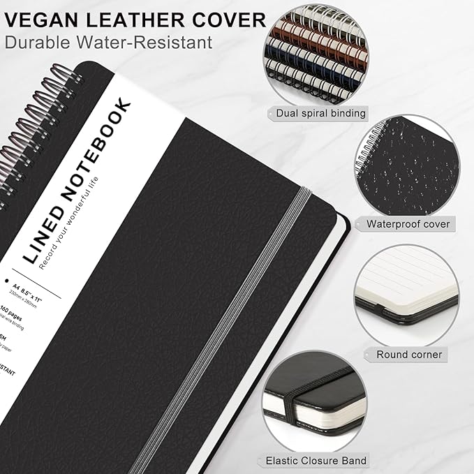 Lined Spiral Journal Notebook, A4 Spiral Notebook, 8.5''×11'' 100GSM Thick Paper Spiral Bound Journaling Notebooks for Work, School, Women, College Ruled Spiral Notebook for Note Business, Black