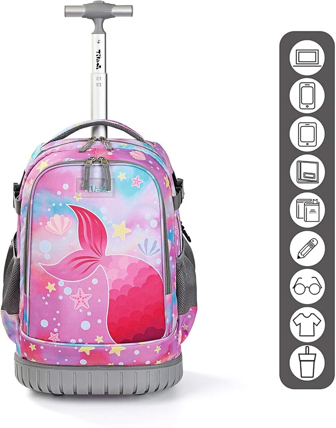 Tilami Rolling Backpack 19 inch with Lunch Bag Wheeled Laptop Backpack (Tail Pink)
