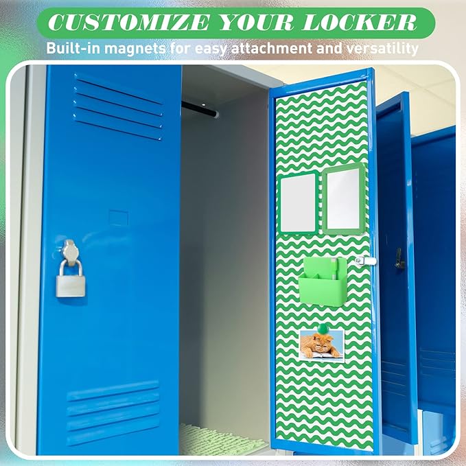 Timgle 8 Pcs Magnetic Locker Set Including Magnetic Wallpaper Mirror Locker Organizer Carpet Whiteboard Dry Erase Marker Accessories for Office School Supplies(Green,Wavy Style)