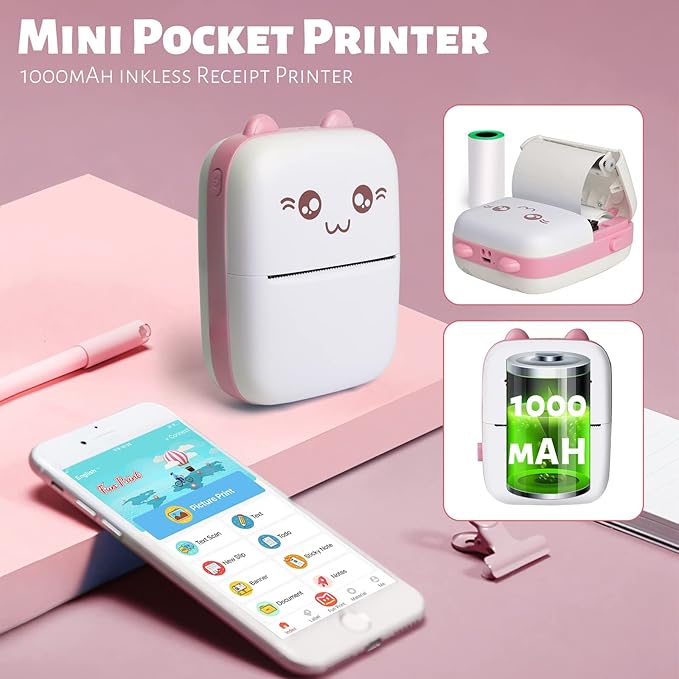 Mini Pocket Printer, Gifts for kids, Portable Thermal Printer for Pictures/Retro-Style Photos/Receipts/Notes/Lists/Label/ Memo/QR Codes, Bluetooth Wireless Smart Printer with Android or iOS APP (PINK)