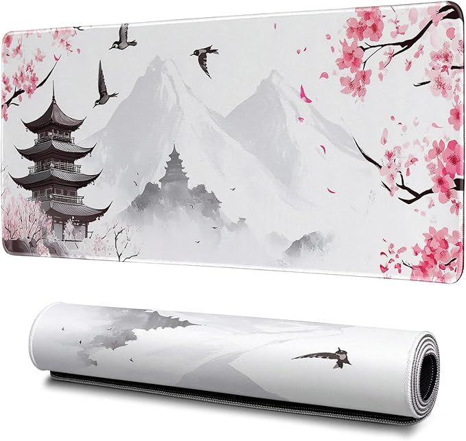 Retro Pagoda Cherry Blossom Watercolor Mouse Pad Abstract Big Mouse Pad 31.5x11.8 Inch Texture Non-Slip Rubber Base Large Mousepad Stitched Edges Keyboard Mouse Mat Desk Pad for Office and Home
