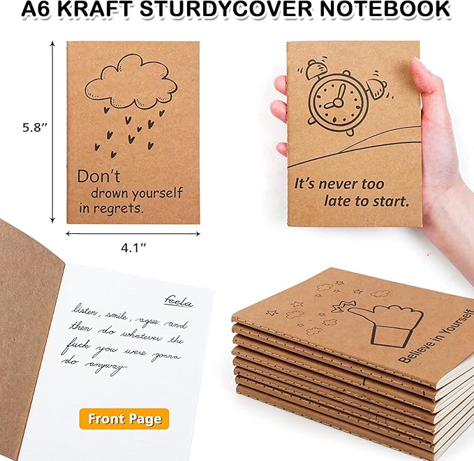 feela 8 Pack Cute Kraft Notebooks, 8 Designs Mini Pocket A6 Notebook Journal Notepad, Lined Small Motivation Blank Journal Bulk for Women Kids Students Gift School Supplies, 4.1X5.8 in, 80 Pages