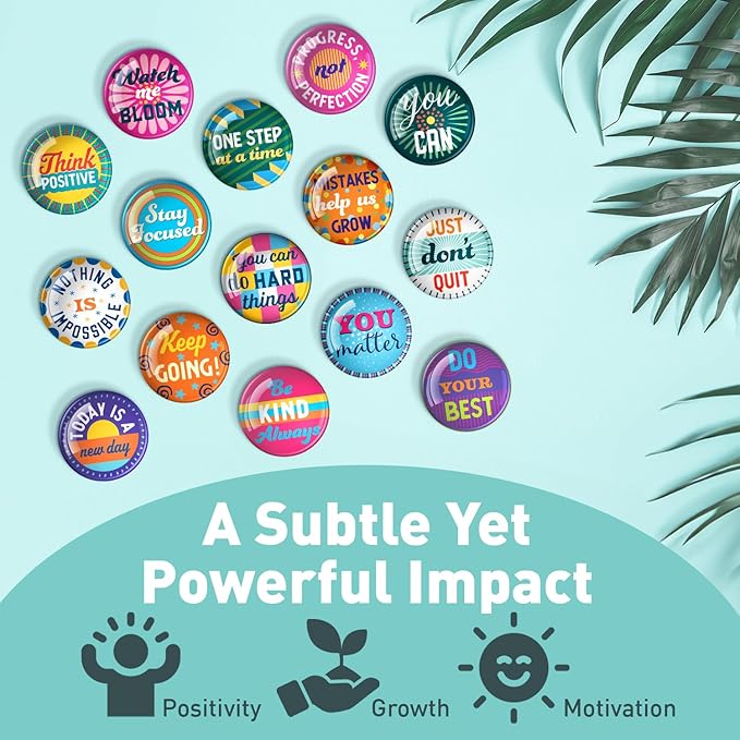 S&O Set of 15 Inspirational Magnets for Fridge - 1.5" Decorative Pins for Refrigerator - Cute Clips for Office - Motivational Buttons - Affirmation Emblems - Locker Charms for Boys & Girls
