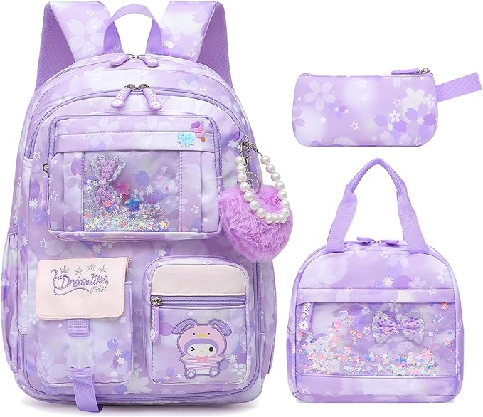 Lovely Girls Backpack School Bag for Students Kids Book Bag with Multiple Pockets Splash-proof Children's Backpack(17inch Set Purple)
