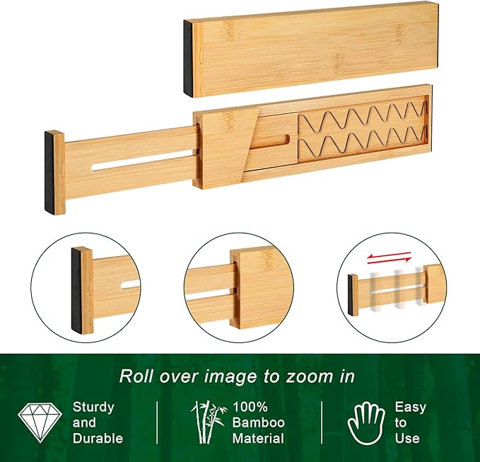Drawer Divider for Kitchen Organization, Adjustable Bamboo Drawer Dividers Organizers (11.8-17) 4 Pack Expandable Utensil Organizers Separators for Kitchen, Bedroom & More