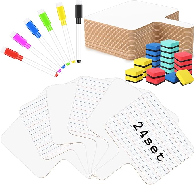 Harloon 72 Pieces Dry Erase Answer Paddle Set 7.8‘’ x 9.8” Handheld 24 Wooden Answer Board Dry Erase Paddles with 24 Markers 24 Magnetic Erasers for Students Teaching Supplies (Line Spectrum)