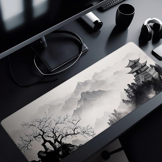 Pagoda Mouse Pad Abstract Cherry Blossom Watercolor Mouse Pad 31.5x11.8 Inch Texture Non-Slip Rubber Base Large Mousepad Stitched Edges Keyboard Mouse Mat Desk Pad for Office