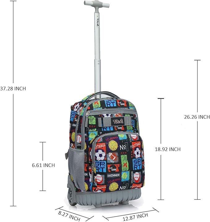 Tilami Rolling Backpack 19 inch with Lunch Bag Wheeled Laptop Backpack, Sport Balls