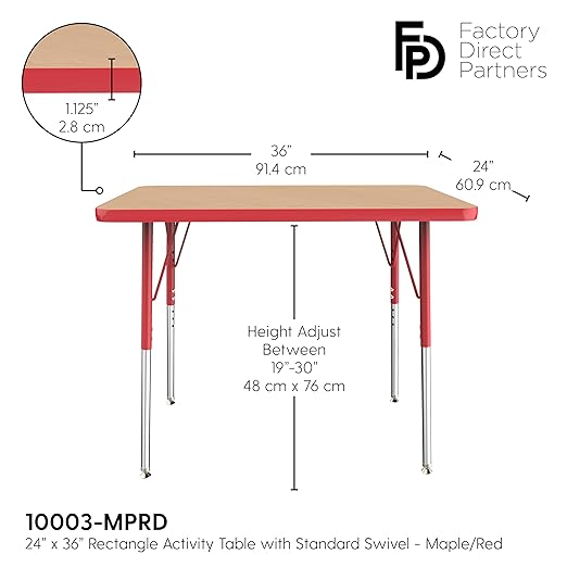 Factory Direct Partners FDP Rectangle Activity School and Office Table (24 x 36 inch), Standard Legs with Swivel Glides, Adjustable Height 19-30 inches - Maple Top and Red Edge