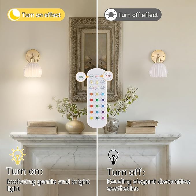 Vintage Battery Operated Wall Sconce with White Tulip Glass Lampshade 5000 mAh Rechargeable Battery Powered Wall Light with Remote Control for Bedside Bedroom Doorway, Set of 2