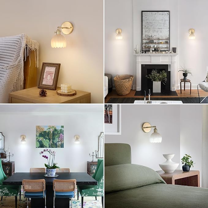Vintage 5000 mAh Battery Operated Wall Sconce with Cream Tulip Glass Lampshade Rechargeable Battery Powered Wall Light with Remote Control for Bedroom Doorway, Set of 2