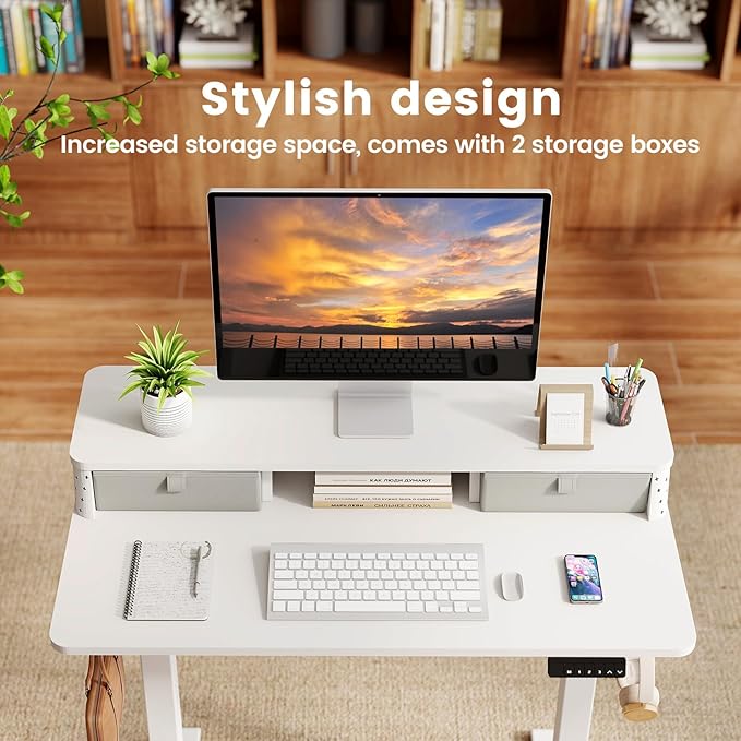 Small Standing Desk with Drawers and Brushless Motor,Electric Sit Stand Desk for Walking Pad,Ergonomic Stand Up Desk for Home Office & Gaming,3 Memory Height Preset & Hooks(35" x 20",White)