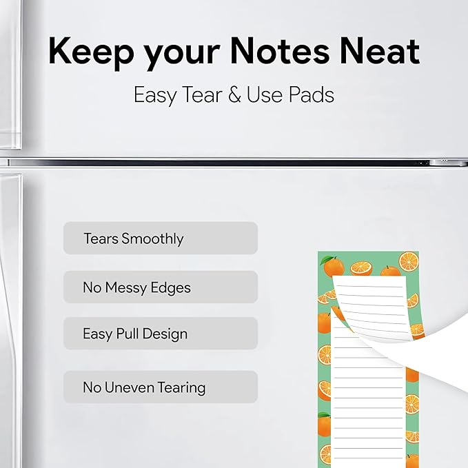 8 Magnetic Notepads – Notepads for Grocery List, Shopping List, To-Do List, Reminders -Strong Magnetic Back- Memo Notepad with Realistic Fruit Designs | 25 Sheets per Pad 7.5 x 3.5 inch (8 Pack)