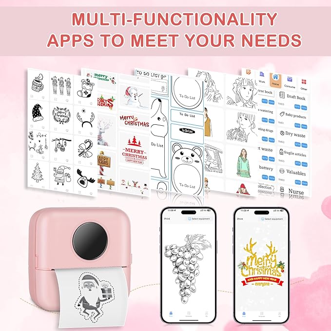 Mini Pocket Bluetooth Printer-Portable Thermal Printer with 5 Roll Papers for Journal/DIY Scrapbook/Travel/Notes/Lists/Label/Memo for Children Women Gifts Kids Christmas iOS&Android