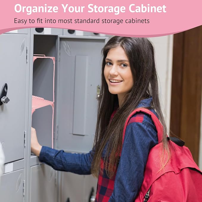 Locker Organizer Shelf Stackable Extra Locker Shelf for School Locker Organizer Storage Cabinet Accessories Suitable for School, Office, and Home use (2, Light Pink)