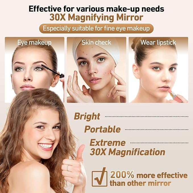 Travel Mirror with Light, 1x/30x Magnifying Mirror with 3 Color Lights and Adjustable Brightness, 4.5x3.9 inch Small Compact Hangable Hand Pocket 3 Way Mirrors, Comes with Tweezer