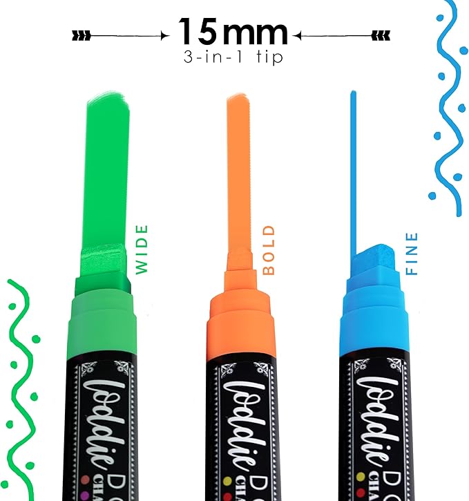 Loddie Doddie Jumbo Chalkboard Markers Pack - 8 Count Multicolor 15mm Chisel Tip - Erasable Neon Liquid Chalk Markers for Glass, Blackboard & Signs