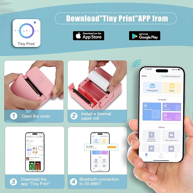 Portable Thermal Printer with 10 Roll Papers for Journal/DIY Scrapbook/Travel/Notes/Lists/Label/Memo, Receipt Printer for Children Women Gifts Kids Christmas iOS&Android