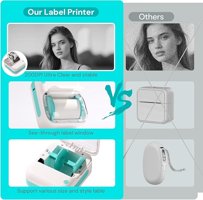 Mini Printer Portable Bluetooth Thermal Label Printer – Wireless Mini Label Maker w/4 Sticker Label Rolls,See-Through Label Window, High-Resolution Print for Home, Office, Travel