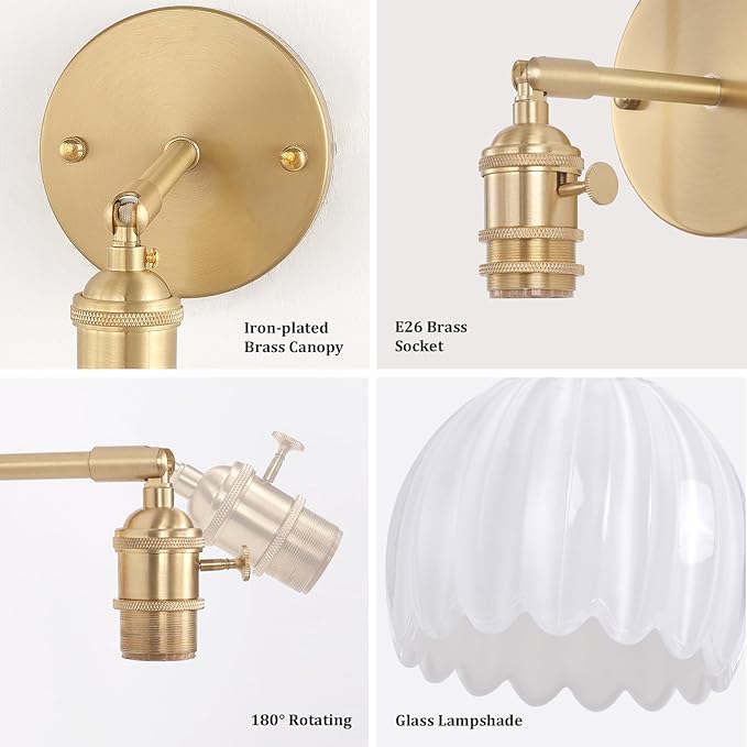 Vintage Battery Operated Wall Sconce with White Tulip Glass Lampshade 5000 mAh Rechargeable Battery Powered Wall Light with Remote Control for Bedside Bedroom Doorway, Set of 2