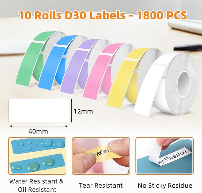 D30 Label Tape 1800 PCS D30 Labels Compatible with Phomemo Portable Thermal Printer, 12x40 mm, 10 Rolls, Colorful