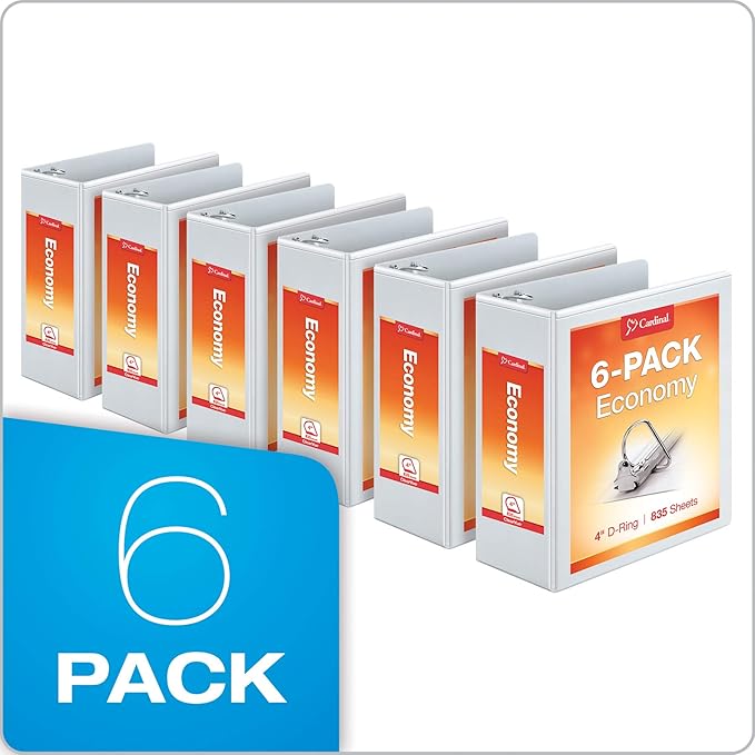Cardinal Economy 3-Ring Binders, 4", Slant-D Rings, Holds 835 Sheets, ClearVue Presentation View, Non-Stick, White, Case of 6 (90781)