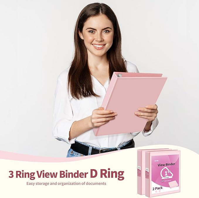 SUNEE 3 Ring Binder 1 Inch D Ring, Clear View Binder Three Ring PVC-Free (Fit 8.5x11 Inches) for School or Office Supplies, Pink, 2 Pack