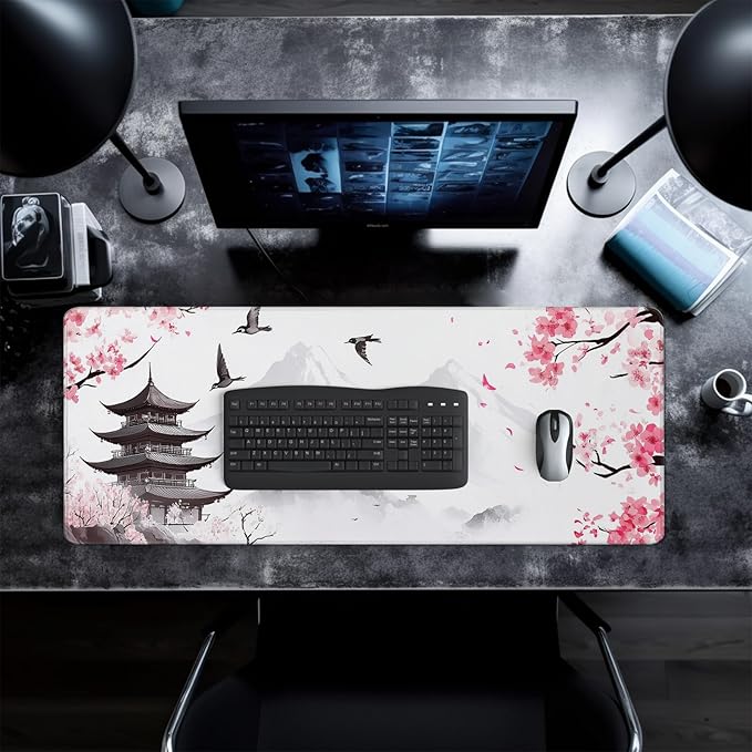 Retro Pagoda Cherry Blossom Watercolor Mouse Pad Abstract Big Mouse Pad 31.5x11.8 Inch Texture Non-Slip Rubber Base Large Mousepad Stitched Edges Keyboard Mouse Mat Desk Pad for Office and Home