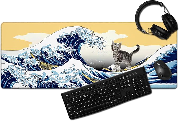 Funny Cat Surfing The Great Wave Off Kanagawa Mouse Pad - Large Non-Slip Desk Mat for Office, PC, Laptop - 31.5"x11.8" x 3mm