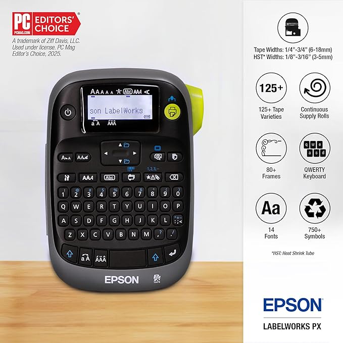 LABELWORKS Epson LW-PX300VP Industrial Label Maker Complete Kit - with Accessories, Sticker Labels, Magnetic Tape Compatible, Only Uses 203 & 205 Shrink Tube Tapes, Portable Handheld Printer