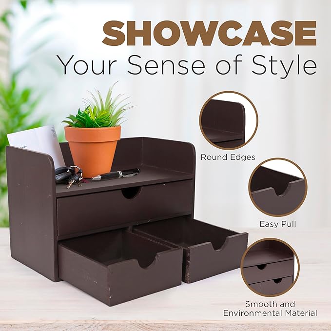 Besti Wooden Office Desk Organizer - Organizing Tool for Desktop, Cubicle, Bedroom, Kitchen - Vintage Style Organization Caddy with Top Tray Shelf & 3 Drawers - 13.6x9x7 Inches (Dark Brown)