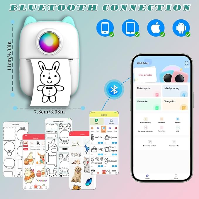 Sticker Printer, Inkless Portable Maker Machine with 11 Rolls Paper, Mini Printer Pocket Thermal Bluetooth Machine with Multiple Templates for Study Notes, Photo, DIY, Gifts for Girls Kids