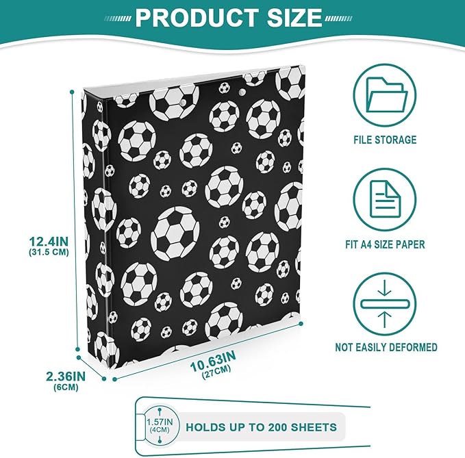 Sports Black White Soccer Ball Decorative 3 Ring Binder 2 Inch Large View Binders with Pockets File Organizer for Office College School, 1Pack