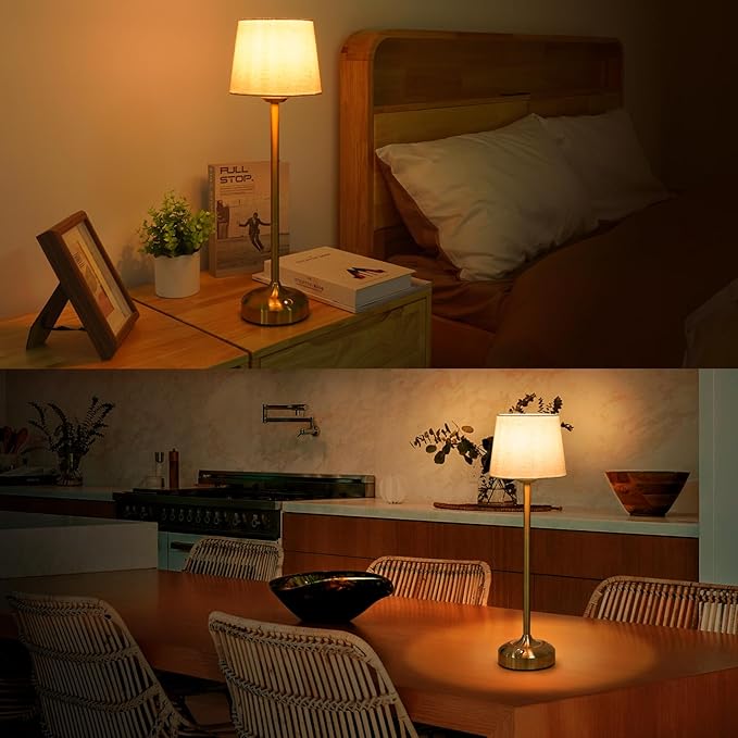 YAYZA! Cordless Table Lamp Adjustable Height Desk lamp, Fabric Shade 7500mAh Rechargeable LED Wireless Touch Night Light Stepless Dimming, 3 Color Temperatures with Edison Bulb (High Gold - 2 Pack)
