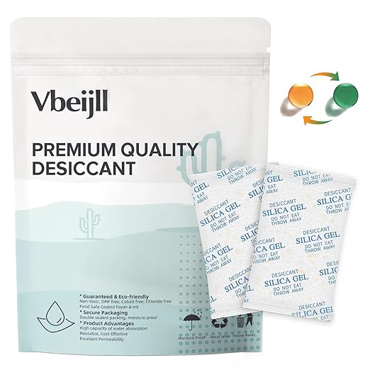 5 Gram (50 Pack) Color-Indicating Silica Gel Packets, Premium Food Grade Desiccant - Rechargeable Moisture Absorbers for Food Storage, Electronics, 3D Filament & Safes