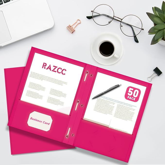 Two Pocket Folders, RAZCC 50 Pack Two Pocket Folders with Prongs, 3 Prong Folders Fit Letter Size Paper, Pocket File Folders for School Office Home Business, Magenta