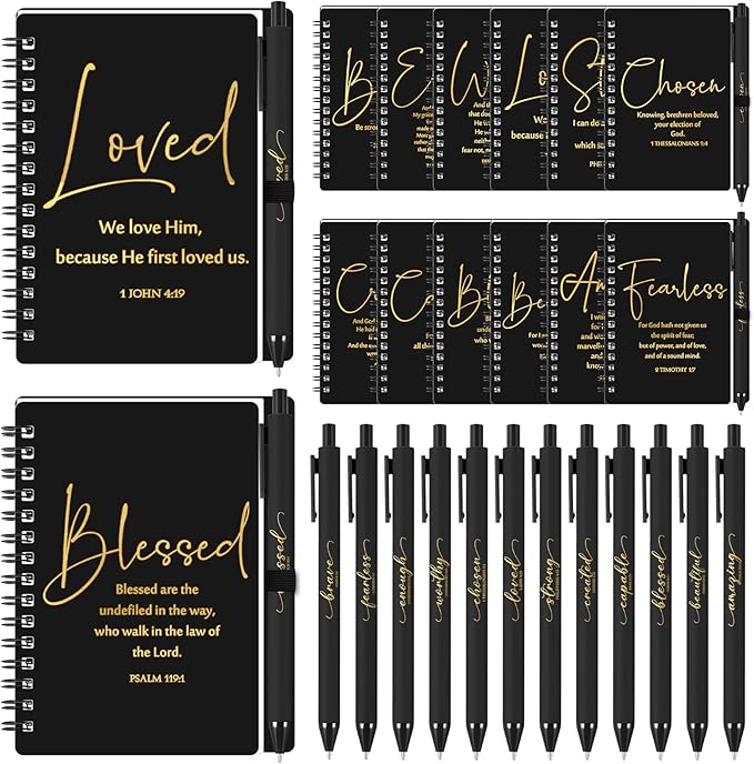 Kosiz 12 Sets Inspirational Christian Gifts Bulk Christian Notebooks Prayer Journals with Pens Spiral Bible Journals Religious Gifts for Church Grandparent Pastors Day Sunday School (Black)