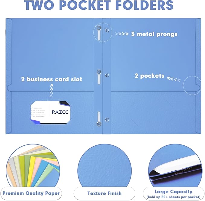 Two Pocket Folders, RAZCC 50 Pack Two Pocket Folders with Prongs, 3 Prong Folders Fit Letter Size Paper, Pocket Paper File Folders for School Office Home Business, Assorted 10 Colors