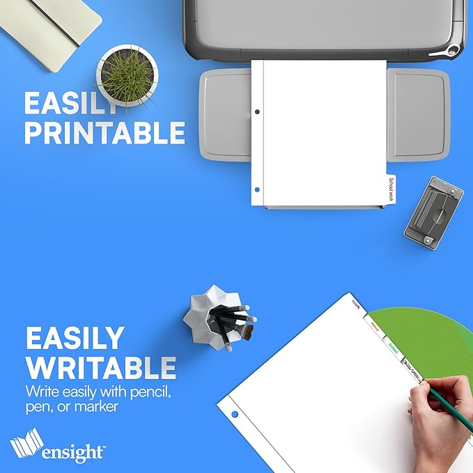Ensight 3 Ring Page Dividers Bulk, 1/8 Cut Tab Dividers - 96 Per Box Divider Pages with Tabs, Decorative Printable Rewritable Divider Tabs, Exhibit Tab Dividers for 3 Ring Binders Bulk